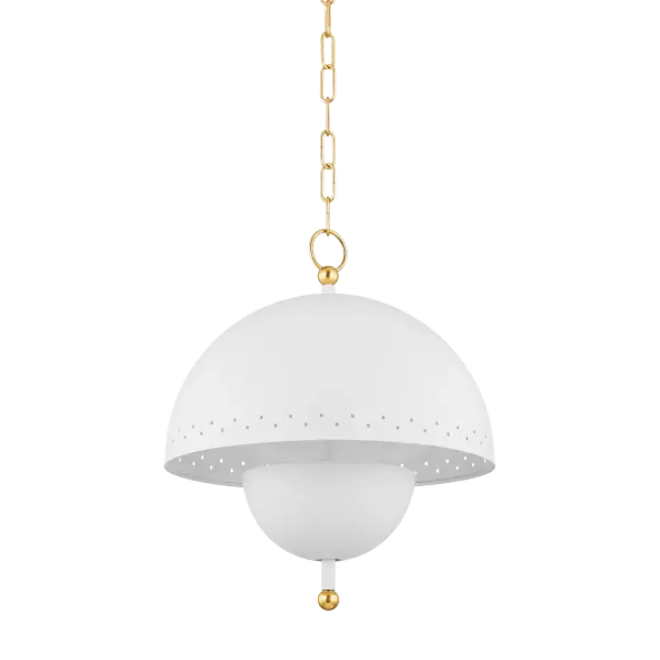 The Jojo Pendant brings midcentury charm with its dome-shaped shade featuring decorative perforations that create beautiful light patterns. Dual bulbs provide optimal illumination while Aged Brass accents add warmth.