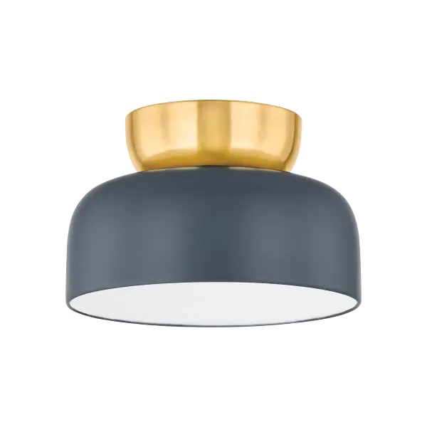 The Batya Flush Mount brings minimalist design with a playful twist through color blocking. Featuring soft Slate Blue fabric shade paired with Aged Brass hardware, this Zoe Feldman design adds subtle sophistication to intimate spaces.