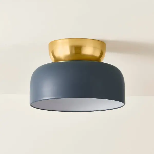 The Batya Flush Mount brings minimalist design with a playful twist through color blocking. Featuring soft Slate Blue fabric shade paired with Aged Brass hardware, this Zoe Feldman design adds subtle sophistication to intimate spaces. - alternate view