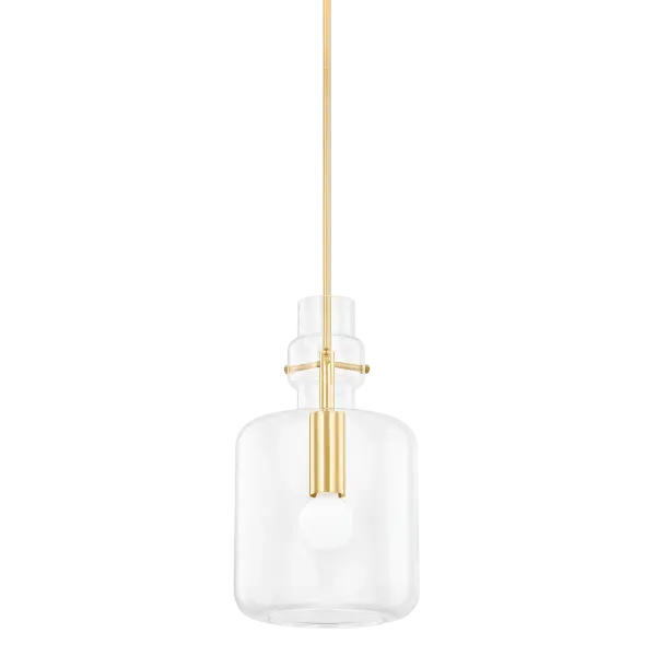 The Lumi Pendant brings fresh, modern style with its unique bulbous glass shade and sleek Aged Brass frame. Jewelry-like decorative pins add visual interest to the minimalist silhouette, making it perfect for contemporary spaces.