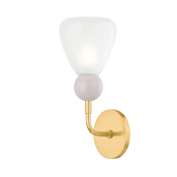 The Doreen Wall Sconce masterfully combines sleek Aged Brass metalwork with whimsical painted peignoir ball details. Its conical etched matte glass shades provide excellent light diffusion while serving as an eye-catching focal point.
