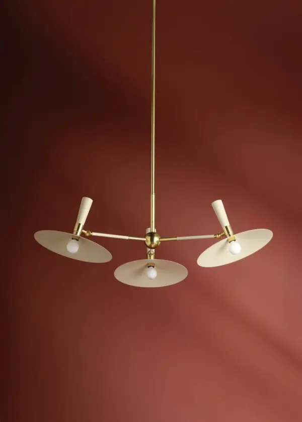 Inspired by satellites in orbit, the Milena Chandelier delivers bold mid-century style with functional versatility. Oversized pivoting reflectors allow customized light direction while creating a futuristic focal point. - alternate view