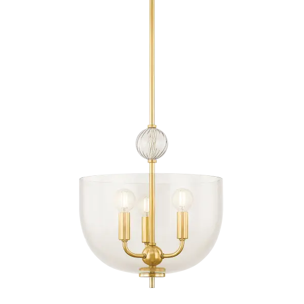 The Arianne Lantern brings Art Deco glamour to modern spaces with its distinctive upturned dome silhouette, decorative ribbed glass, and playful metal baubles. The plated bronze glass paired with Aged Brass creates a sophisticated, warm ambiance.