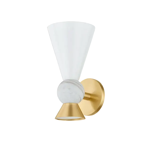 The Mona Wall Sconce combines playful geometry with elevated materials—featuring a striking Calacatta gold marble sphere, opal glass shade, and Aged Brass accents. Part of the exclusive Megan Molten x Mitzi collaboration. - alternate view