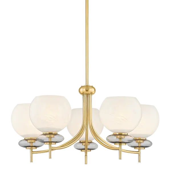 The Alexia Chandelier combines cloud glass orbs with iridescent bubbles in a totemic composition. Aged brass metalwork creates a striking vertical design that's both delicate and bold, perfect for modern interiors.