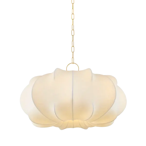 The Keilah pendant makes a bold statement with its voluminous, cloud-inspired form and distinctive ribbed polymer shade. The oversized design paired with Aged Brass hardware creates an eye-catching focal point that adds both drama and warmth to any space.