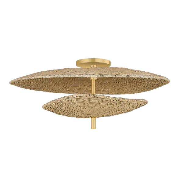 The Marigold Semi Flush combines natural rattan wicker with aged brass accents for a warm, organic aesthetic. Its layered triangular shades create ambient glow while the brass rod adds contemporary contrast. - alternate view