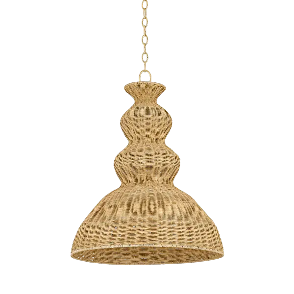 The Mayla Pendant brings organic texture and coastal elegance to any space with its handwoven rattan shade and aged brass chain. Inspired by rippling water, this statement piece filters light beautifully while adding natural warmth.