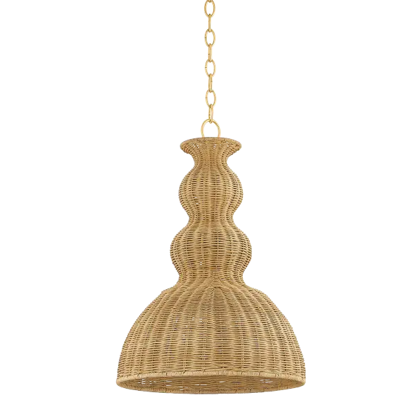 The Mayla Pendant brings organic texture and coastal elegance to any space with its handwoven rattan shade and aged brass chain. Light filters beautifully through the natural wicker, creating warm ambient lighting perfect for dining and living areas.