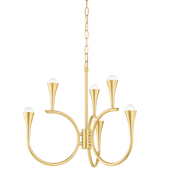 The Aviana Chandelier reimagines Art Deco glamour with swooping arms and trumpeting metal shades that create both vertical drama and horizontal presence. Its airy, graceful design brings dynamic energy and joyful sophistication to grand spaces.