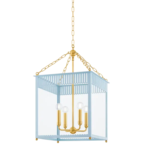 The Rosalie Lantern beautifully bridges traditional and contemporary design with its scalloped slatted details and fresh color palette. The Aged Brass finish paired with Soft Arctic Blue creates a sophisticated yet playful aesthetic perfect for modern traditional interiors.