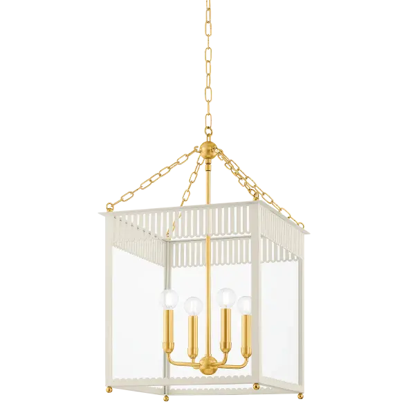 The Rosalie Lantern beautifully bridges traditional and contemporary design with its scalloped box silhouette, decorative brass sphere, and delicate chainwork. Perfect for making a statement in entryways and dining spaces.