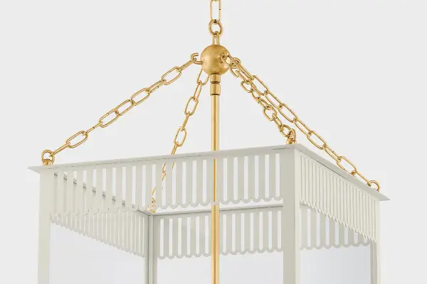 The Rosalie Lantern beautifully bridges traditional and contemporary design with its scalloped box silhouette, decorative brass sphere, and delicate chainwork. Perfect for making a statement in entryways and dining spaces. - alternate view