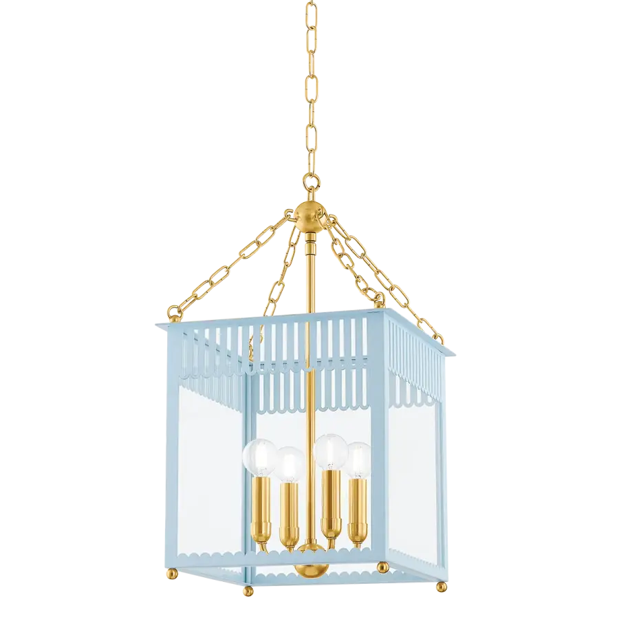 Rosalie Lantern in Aged Brass with Soft Arctic Blue