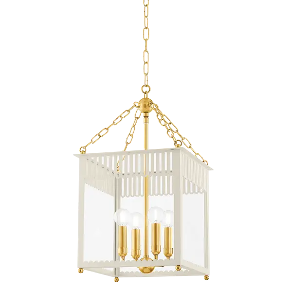 The Rosalie Lantern beautifully bridges traditional and contemporary design with its scalloped details, slatted construction, and decorative brass sphere. The 4-light fixture offers substantial illumination while the Soft Cream finish adds warmth and character to any space.