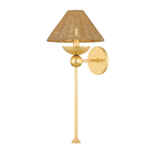 The Perilla Wall Sconce blends geometric forms with organic materials, featuring a textural wicker rattan shade and decorative sphere details. Part of the Dabito x Mitzi collaboration, it brings warmth and artisanal character to any space.