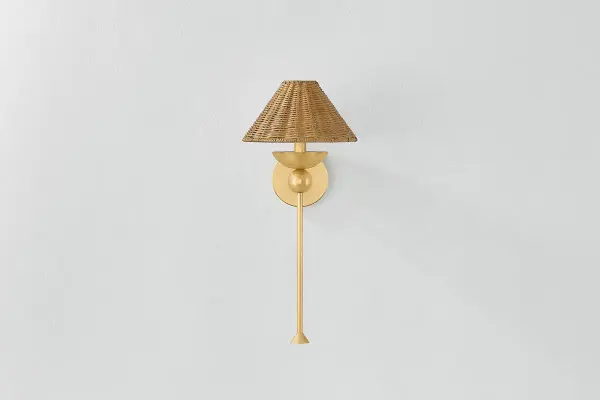 The Perilla Wall Sconce blends geometric forms with organic materials, featuring a textural wicker rattan shade and decorative sphere details. Part of the Dabito x Mitzi collaboration, it brings warmth and artisanal character to any space. - alternate view