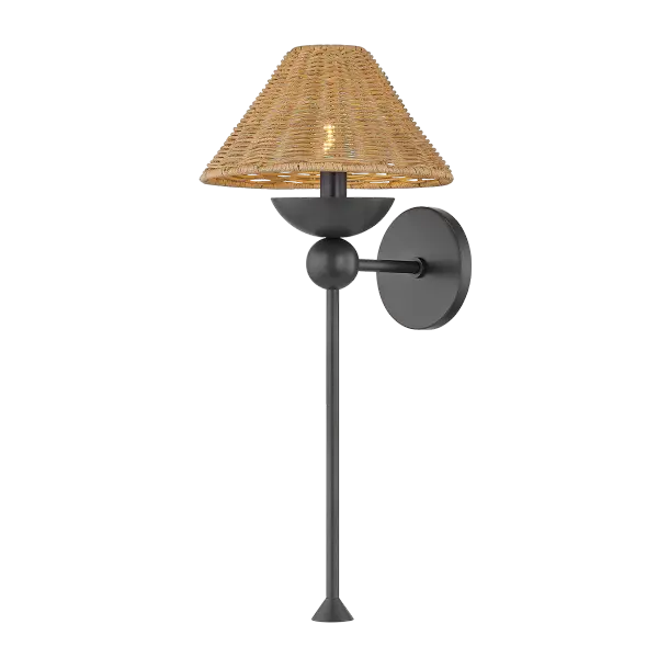 Perilla blends modern geometry with natural materials, featuring a textural wicker rattan shade and decorative sphere details. Part of the Dabito x Mitzi collaboration, this wall sconce brings warmth and artisanal character to any space.