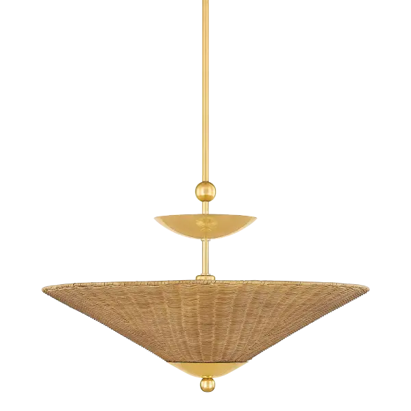The Perilla Pendant masterfully blends natural wicker rattan with aged brass metalwork, creating a sophisticated focal point. Part of the exclusive Dabito x Mitzi collaboration, it brings warmth and artisanal character to contemporary spaces.
