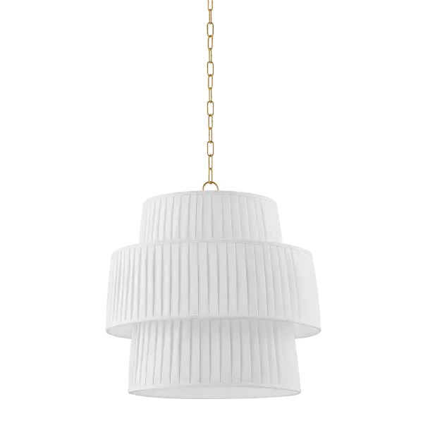 The Rya Pendant combines architectural drama with soft elegance through its tiered, pleated linen design. This oversized fixture creates a stunning focal point while diffusing warm, ambient light throughout the space.
