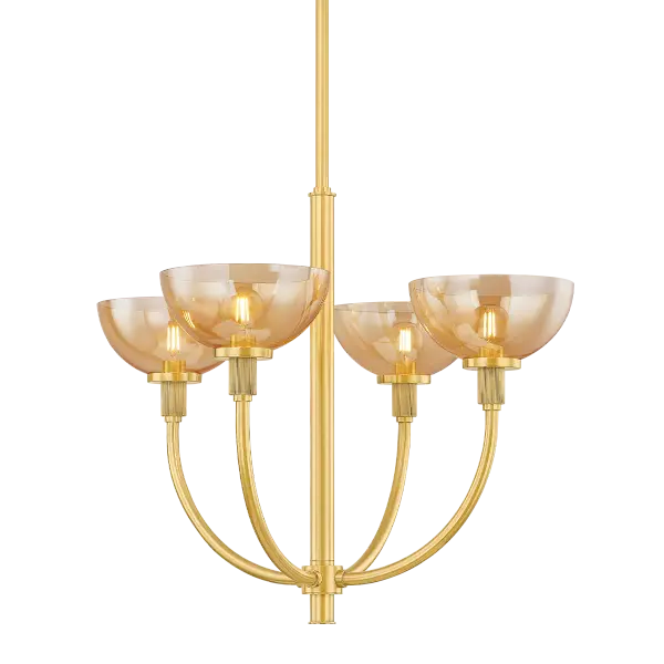 The Eva Chandelier combines spare, sculptural design with luxurious materials. Aged Brass arms sweep upward to support light bronze-plated glass shades, while fluted socket cups add textural interest. Perfect for bridging traditional and contemporary aesthetics.
