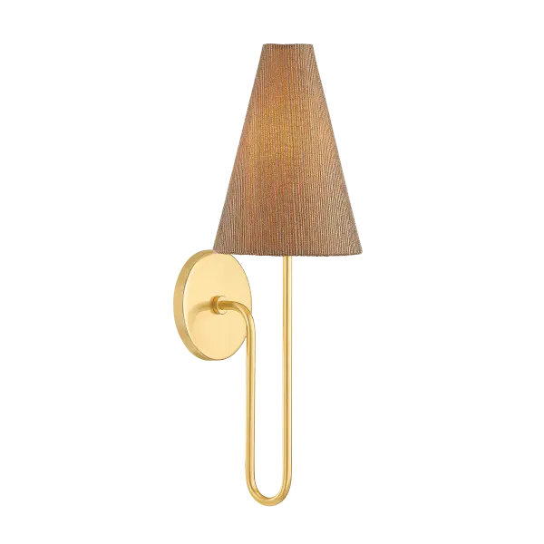 The Jessel Wall Sconce beautifully bridges eras with sweeping Aged Brass arms and elongated grasscloth shades. Perfect for cottage-style interiors, it adds warmth and casual elegance to any space.