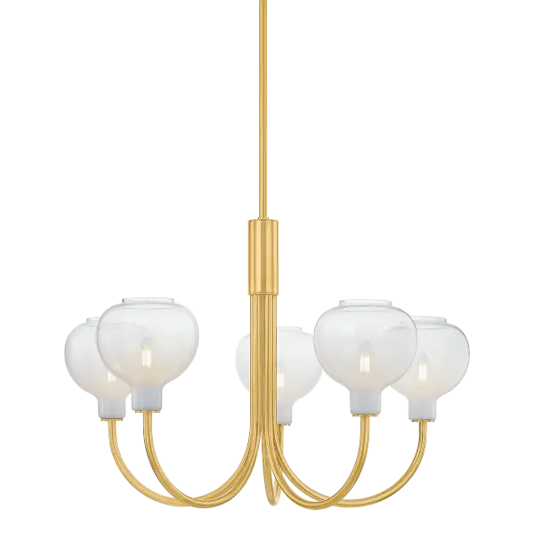 The Estelle Chandelier bridges transitional and modern design with graceful J-arms and distinctive Sfumato glass. The cloudy glass paired with warm Aged Brass creates an inviting ambiance perfect for dining spaces and entryways.