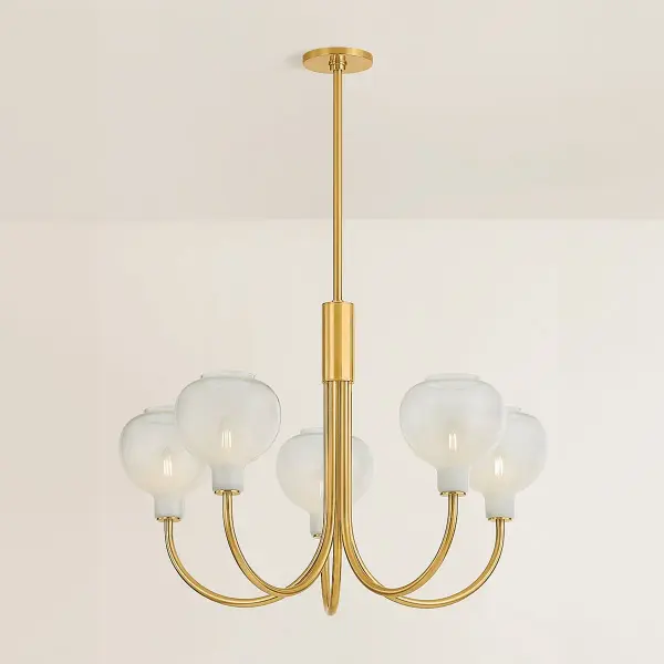 The Estelle Chandelier bridges transitional and modern design with graceful J-arms and distinctive Sfumato glass. The cloudy glass paired with warm Aged Brass creates an inviting ambiance perfect for dining spaces and entryways. - alternate view