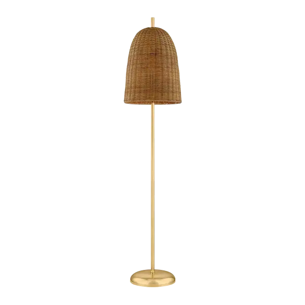 The Beatrice Floor Lamp combines traditional basketry craftsmanship with modern sophistication. Its oversized woven wicker shade creates soft, ambient lighting while the Aged Brass base adds refined elegance.