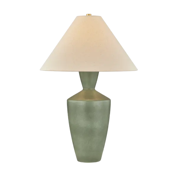 The Hartley Table Lamp combines organic beauty with refined design. Its handcrafted ceramic base features a unique Amphora glaze reminiscent of moss and stone, while the wheat linen shade and Aged Brass accents add warmth and sophistication.