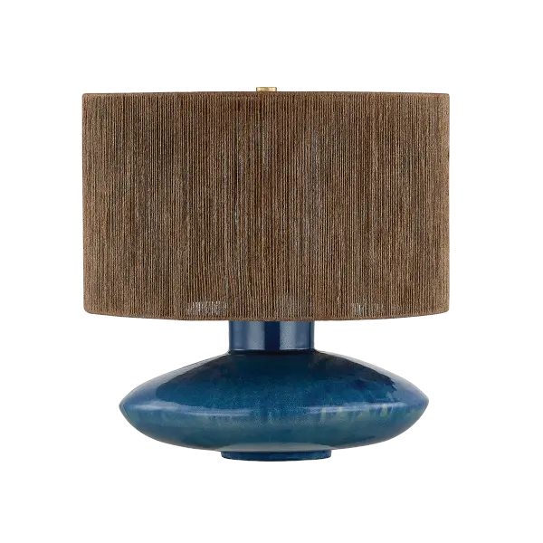 The Enya Table Lamp combines a handcrafted ceramic base with Shadow Amphora glaze and a natural jute shade for organic warmth. Its compact size and bohemian aesthetic make it perfect for bedside or desk use in coastal-inspired spaces. - alternate view