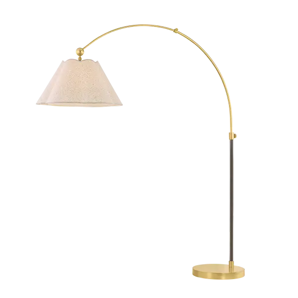 The Janie Floor Lamp beautifully bridges traditional and contemporary design with its scalloped fabric shades and striking Aged Brass and True Bronze finish combination. Perfect for layered lighting schemes in classic or modern interiors.