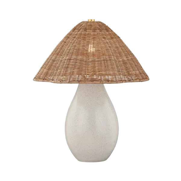 The Deanne Table Lamp reimagines the classic mushroom form with hand-sculpted ceramic and woven wicker. Its creamy oat base and scalloped shade create organic warmth, while aged brass accents add refined polish to any space.
