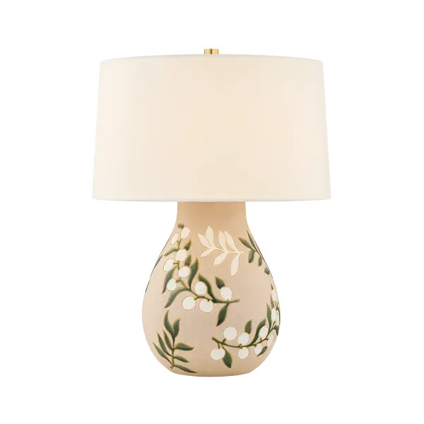The Maeve table lamp combines artistic craftsmanship with functional lighting. Its hand-painted floral motif in soft pastels creates a unique, vase-like aesthetic, while the white linen shade provides warm, diffused illumination.