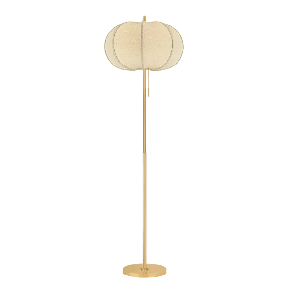 A feminine take on a voluminous, balloon-shade silhouette, the Alexandra family brings an extra dose of cozy comfort to contemporary interiors. As a pendant in two sizes and a floor lamp, it exemplifies designer Hilary Matt's philosophy of elevating simple forms with distinctive materials. Constructed of stretched ivory boucle fabric, the faceted shades nod to mid-century minimalism with a tactile upgrade. Sleek Aged Brass stems complete each playful, yet sophisticated piece. Part of our Hilary Matt x Mitzi Tastemakers collection. Collection: Alexandra Designer: Hilary Matt Finish: Aged Brass Glass: Textured Linen Width: 20.00" Height: 64.00" Weight: 16.76 lb Number of Bulbs: 1 Maximum Wattage: 15.00 W Bulb Type: A19 Bulb Base: E26 Medium Voltage: 120.00 V Material: Steel Country of Origin: VN Safety Listing: UL/cUL Safety Rating: Dry Switch: ON/OFF PULL CHAIN Manufacturer Warranty: 1 Year Limited Manufacturer Spec Sheet Instructions