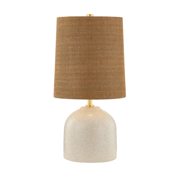 Gladys combines a handcrafted speckled ceramic base with an oversized woven hemp drum shade for organic warmth. The Vanilla Bean glaze and Aged Brass accents create a serene, natural aesthetic perfect for modern interiors.