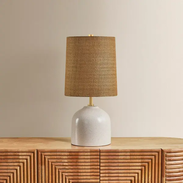 Gladys combines a handcrafted speckled ceramic base with an oversized woven hemp drum shade for organic warmth. The Vanilla Bean glaze and Aged Brass accents create a serene, natural aesthetic perfect for modern interiors. - alternate view