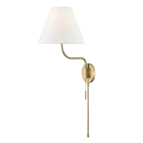 The Patti Plug-In Sconce offers convenient installation without hardwiring, featuring an aged gold brass finish that adds warmth to any space. Perfect for renters or quick room updates.