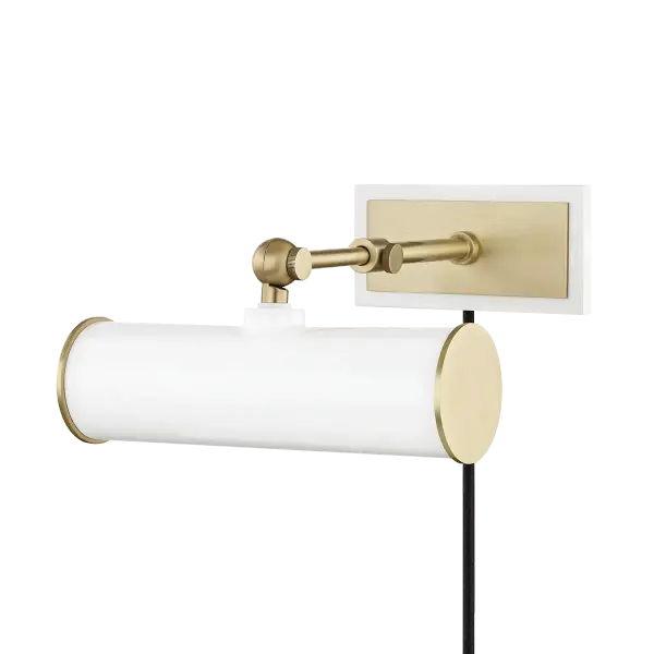 The Holly Picture Light combines traditional elegance with modern convenience. Its plug-in design eliminates hardwiring, while the aged brass finish adds warmth to any artwork or display. Available in multiple sizes for perfect proportions. - alternate view