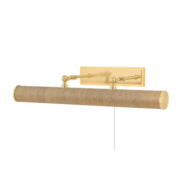 The Holly Picture Light combines aged brass sophistication with natural grasscloth texture to create focused illumination for artwork and displays. Its plug-in design offers installation flexibility without hardwiring.