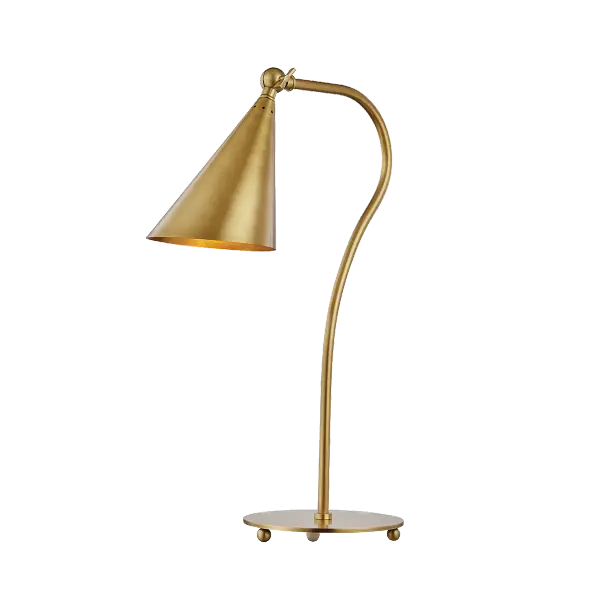 The Lupe table lamp combines utilitarian design with refined style. Its adjustable gooseneck and swivel key provide directional lighting perfect for reading and task work, while the aged brass finish adds warmth to any space.