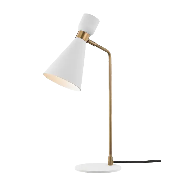 The Willa Table Lamp combines mid-century modern elegance with practical functionality. Its adjustable neck with oversized knob and swiveling shade allow precise light positioning, while the aged brass and white finish adds sophisticated contrast to any space.
