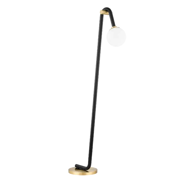 The Whit Floor Lamp brings whimsical sophistication to modern interiors with its sweeping black metal tube draped over aged brass accents. Uneven light heights create visual interest and dynamic illumination.