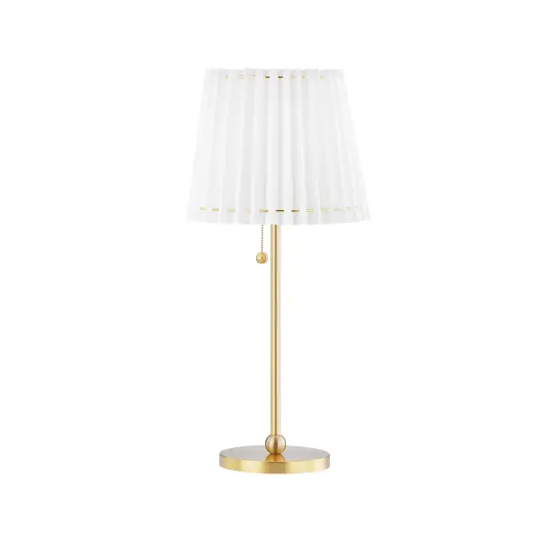 Dubbed the comeback queen, Demi brings pleats into the modern age, coupling the traditional motif with minimalist metalwork. The Demi collection is stacked, available as a wall sconce, pendant, linear light, table lamp, and floor lamp. Throughout the family, one detail that shines is the metal ring at the edges of the shade. Structural in nature, it becomes a decorative accent, finished in aged brass or soft black. Collection: Demi Designer: Mitzi Finish: Aged Brass Glass: White Width: 8.00" Height: 20.25" Length: 5.00" Weight: 6.00 lb Extension from Wall: 13.00" Wire: 120`` Canopy: 4.75`` Number of Bulbs: 1 Maximum Wattage: 15.00 W Bulb Type: A19 Bulb Base: E26 Medium Light Source: LED Voltage: 120.00 V Material: Steel Country of Origin: VN Safety Listing: UL Safety Rating: Dry Switch: On/Off Switch On Plug LED Manufacturer Warranty: 1 Year Limited Manufacturer Spec Sheet Instructions