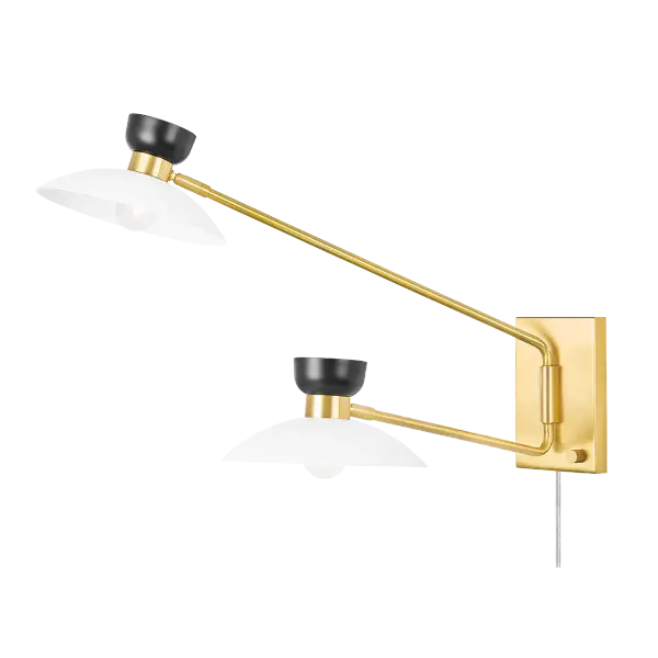 The Whitley sconce features a striking yin-yang glass shade design with black and white tones, complemented by an aged brass swing arm. Perfect for task lighting over desks or reading areas with plug-in convenience. - alternate view