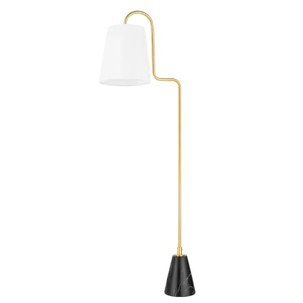 The Jaimee Floor Lamp combines classic elegance with contemporary sensibility. Its aged gold brass finish and fabric shade create warm, ambient lighting perfect for living spaces, bedrooms, and offices.