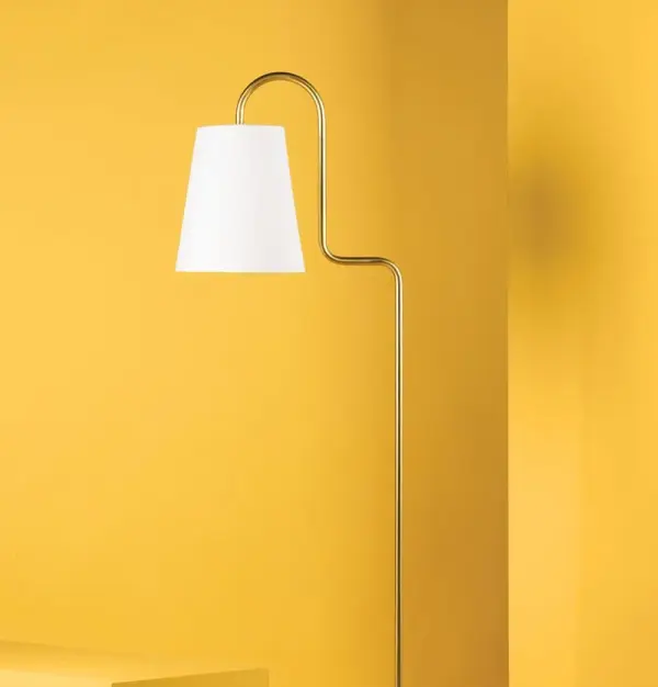 The Jaimee Floor Lamp combines classic elegance with contemporary sensibility. Its aged gold brass finish and fabric shade create warm, ambient lighting perfect for living spaces, bedrooms, and offices. - alternate view