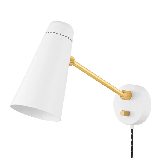 The Alex Plug-In Sconce brings authentic mid-century design to any space without hardwiring hassles. Its aged brass finish paired with perforated shade creates warm, ambient lighting perfect for bedrooms, offices, or hallways.