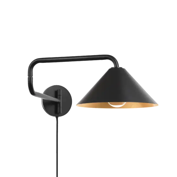 The Brianna sconce offers exceptional flexibility with both plug-in and hardwired installation options. Its conical shade features a striking black exterior with gold leaf interior, creating warm ambient lighting through an opaque diffuser. - alternate view