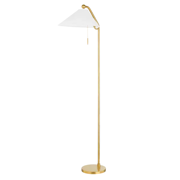 The Aisa Floor Lamp blends timeless mid-century aesthetics with practical task lighting. Its angled white linen shades direct light precisely where needed, while decorative details like the pull chain and sphere finial add sophisticated charm.